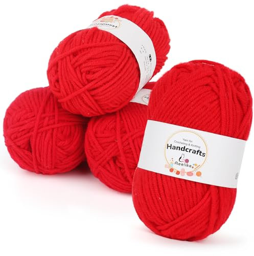 Aeelike 200g(4x50g) Amigurumi Wolle 5Ply Baumwolle zum Häkeln, Häkel- & Strickgarn Zum Stricken, Häkeln und Kunsthandwerk, Häkelgarn Baumwolle Set, Rot