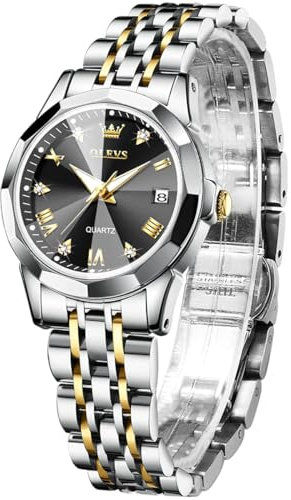 OLEVS Montre Femme Diamant Montre avec Petit Visage Or Argent Bracelet en Acier Inoxydable Étanche Date Montre, Doré/Noir