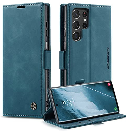 Cracedily Handyhülle für Samsung Galaxy S22 Ultra Hülle, Klapphülle Premium Lederhülle Klappbar Flip Case Tasche Magnet Kartenfach Standfunktion Klapphülle Schutzhülle für S22 Ultra 5G, Blaugrün