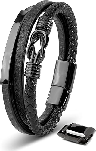 JewelryWe Lederarmband Herren Edelstahl: Retro Kreuz Infinity Unendlichkeit Symbol Totenkopf Dolch mehrschichtig geflochten Leder Armband mit Gravur Männer Armreif Manschette