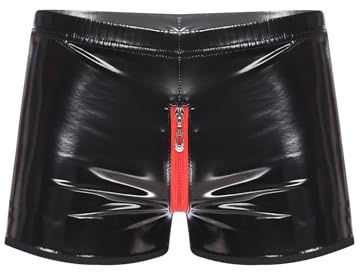 FEESHOW Herren Wetlook Boxershorts Slip Ouvert mit Reißverschluss Stretch Leder Latex Hose Shorts Unterwäsche Rubber Pants Clubwear Schwarz J M