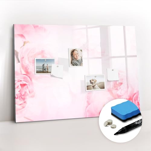 Tulup Glasplatte Tafel abwaschbar für die Wand 100x70 mit Magneten und Stift Magnetisch Magnettafel zum Beschriften Schreibtafel mit Motiv - Blühende Blumen