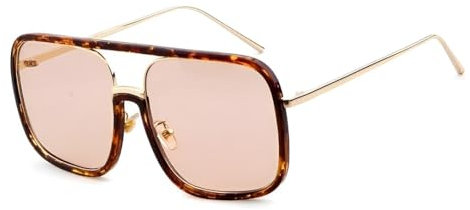 No Name Ltd Übergroße Celeb Leopard Print Schildpatt-Sonnenbrille für Frauen, rechteckiger dünner goldener Rahmen, braun getönte Gläser, UV400-Schutz, modische Brille für 2025, türkis