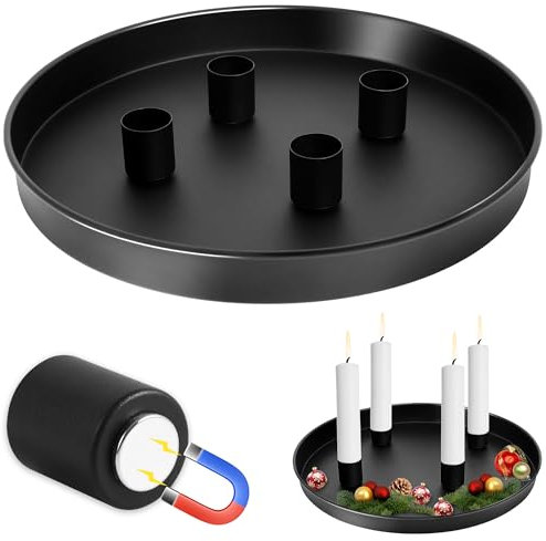 Magnet Kerzentablett für Advent Ø 23 cm mit 4 magnetischen Metall Kerzenständer Weihnachten Stabkerzenhalter Adventskranz Deko Tablett Festtags Kerzen Ständer, Farbe: schwarz