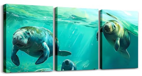 Loussiesd Kinder Nettes Manatee 3er Poster Set für Wohnzimmer Schlafzimmer Cartoon Nautische Tiere Bild Wandbilder Marine Leben Meer Badezimmer Leinwandbilder für Home Dekor