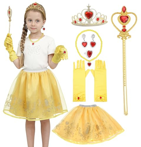 Sincere Party Mädchen Prinzessin Kostümzubehör Fancy Dress Up Cosplay Exquisite Match Sets,Gold Belle Dress Up Set für Mädchen 3-8 Jahre gelb