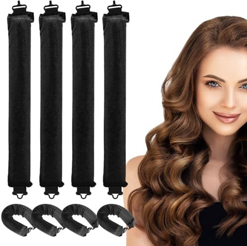 TIDEVAN 4 Stück Hitzefreie Lockenwickler über Nacht,Heatless Curls Set Lockenwickler,Overnight Blowout Locken Ohne Hitze,Wovernight Blowout Hair mit Haken,Weicher Samt für Langes,Kurzes Haar(Schwarz)