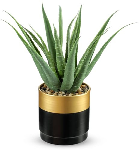 Briful Succulents Artificial Plants Realistic Agave Plant, Gold Black Metal Pot, Farmhouse Aloe Vera Fake Plants for Home Office Desk Bathroom Shelf Decorations