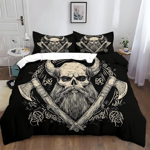 Bettbezug Set 155x220cm Totenkopf-Axt-Totem Bettwäsche 3 teilig, Weich Atmungsaktiv Polyester-Baumwolle Bettwäsche-Sets mit 2 Kissenbezügen 80x80cm, für Erwachsen Kinder
