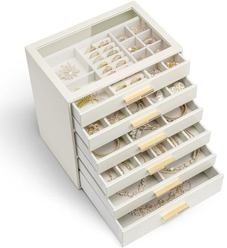 Vlando Schmuckkästchen Groß, Schmuckkasten mit 6 Ebenen, Schmuck Organizer mit Glasdeckel, 6 Schubladen,für Halsketten, Ohrringe, Uhren, Armbänder, Schmuckaufbewahrung, Modern, Cinderella Plus, Beige