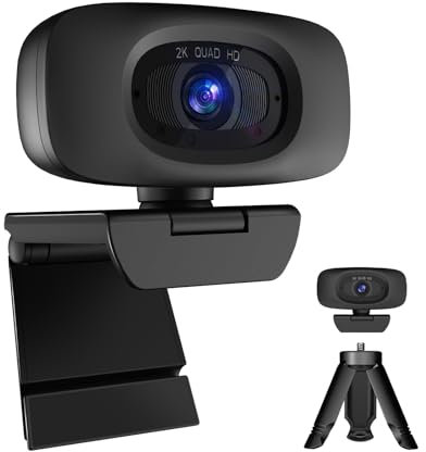 2K Webcam,Full HD Streaming Webcam with Dual Noise Cancelling Microphones, Privacy Cover and Tripod for Web Camera for Desktop Computer, Auto Focus. Computer Webcam for PC/Zoom/Skype/Team/Laptop