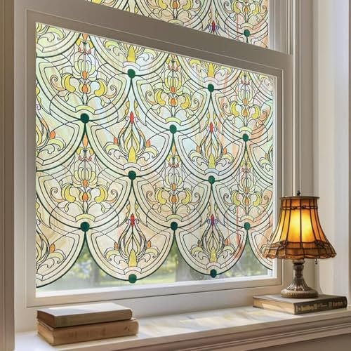 Stained Glass Window Film Privacy for Glass Windows, Window Privacy Film UV Blocking Static Cling for Home Kitchen Office Bathroom,Golden Ironwork 44x120cm