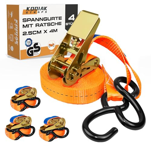 10 Stück Spanngurte 4m x 800kg mit Ratsche und S-Haken - 25mm Zurrgurte mit Ratsche - Orange Ratschengurt für Ladungssicherung - TÜV/GS geprüft nach DIN EN 12195-2 - KODIAK STRAPS
