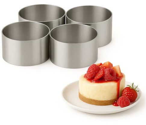 Food Presentation Rings – Set of 4 Stainless Steel Mousse Cake Rings – Oven & Dishwasher Safe – Cookie & Pastry Cutters for Desserts (90 x 70mm)