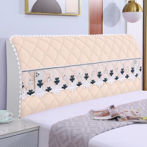 JANEMUA Bed Headboard Slipcover with Lace Pocket, Solid Color Headboards Cover, Lozenge Pattern Dustproof Protector Cover-Khaki||240cm