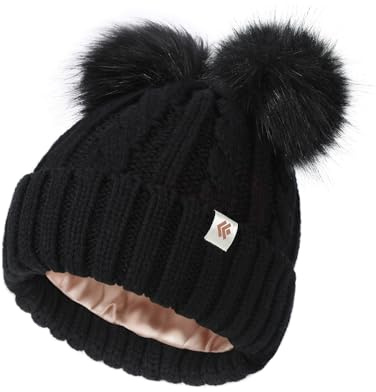 Creekstone Berretto Bambino con Doppio Pompon, Foderato in Raso Seta, Cappello Invernale Ragazzi Ragazze, Caldo Berretto con Doppio Pompon 1 a 7 Anni (IT, Testo, Taglia Unica, Nero)