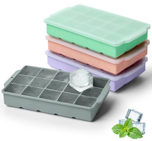 Silicone Ice Cube Tray with Lid, 4 Pack 60 Ice Cubes, Easy Release Reusable for Freezer, Whisky, Cocktails, Drinks