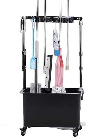 LIPJIA Mop Holder Broom Holder Mop Bucket and Broom Holder Cleaning Supplies Garden Tool Organizer Rack Cleaning Cart on Wheels Broom Storage Cabinet F