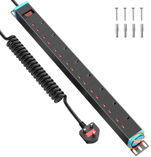 Sewingvr 8-Way Extension Lead with Surge Protection, Wall Mountable PDU Power Strip with 360° Rotating Sockets, 1.5m Spiral Cable, for Home Office or Workshop