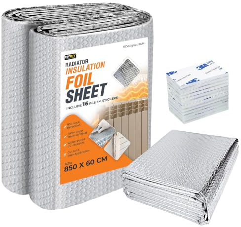 My DIY Radiator Insulation Foil Sheet 8.5 Meters x 60CM Reflects 95% Heat with 16 PCS Stickers Thermal Radiator Reflector UV Resistant, Energy Saving Foil for Wall & Floor Radiators