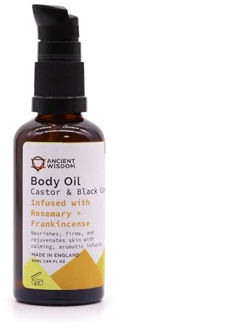 Organic Body Oil, Nourishing & Rejuvenating, Rosemary & Frankincense Essential Oils, 50ml, 3.7x11.7cm, Natural Skincare, with Castor & Black Cumin Oils