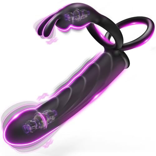 4 In 1 Anal Dildo Vibrator with Double Cock Ring & Rabbit Clitoral Stimulator, Strap On Double Dildo with 10 Vibration Modes, X-pidany Vibrating Butt Plug Prostate Massager Anal Toys, Couples Sex Toys
