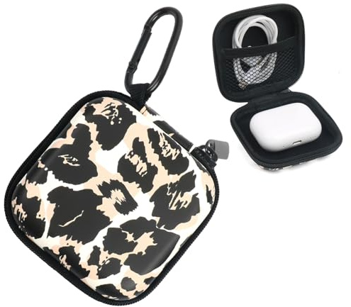 Custodia rigida in EVA antiurto per auricolari con cerniera, moschettone e fodera in velluto, per AirPods/Galaxy Buds/Sony (leopardo)