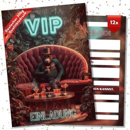 HIDEBLOOM - VIP Einladungskarten - 12 Stück - DIN A6 (10,5 cm x 14,8 cm) - Geburtstagseinladungen Mädchen - Einladung Kindergeburtstag Junge - Einladungskarte Cooler Affe