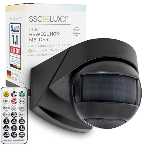 SSC-LUXon KELEA détecteur de Mouvement PIR IP54 Noir avec télécommande – capteur 12 m orientable 180°/360° avec capteur crépusculaire