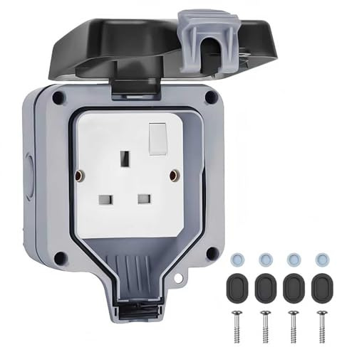 YEUKYEA IP66 Waterproof Outdoor Electrical Socket,13A UK Double Socket with Safety Shutter,Weatherproof for Garden,Patio,Garage,Caravan Use,British Standard Grounded Plug,Easy to Install