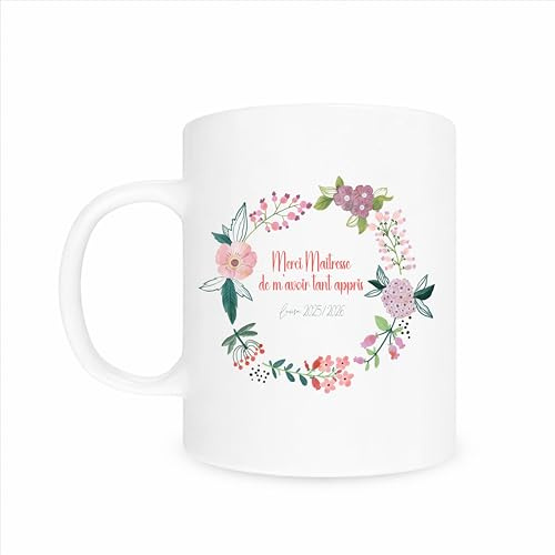 Générique Mug maîtresse personnalisé 320 ml – Cadeau fin d’année scolaire – Merci maîtresse avec prénom et année – Tasse fleurie
