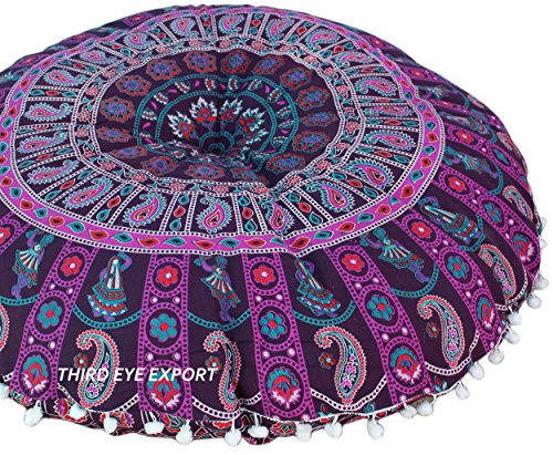 Third Eye Export 32 in Mandala Barmeri Großer runder Boden Kissenbezug Kissen Meditation Sitzmöbel Osmanischer Überwurf Hippie dekorativer böhmischer Hocker mit Reißverschluss (nur lila Ghumar-Bezug)