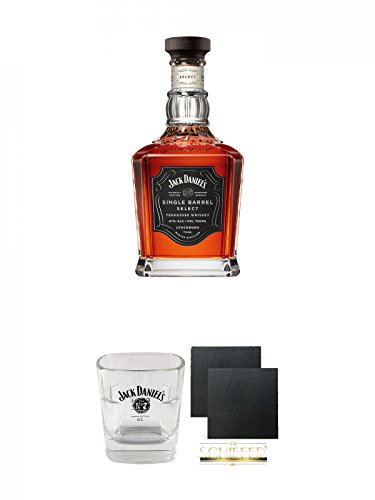 Jack Daniels Single Barrel Bourbon Whiskey 0,7 Liter + Jack Daniels No. 7 Glas mit Eichstrich 2 und 4 cl 2 Stück + Schiefer Glasuntersetzer eckig ca. 9,5 cm Ø 2 Stück