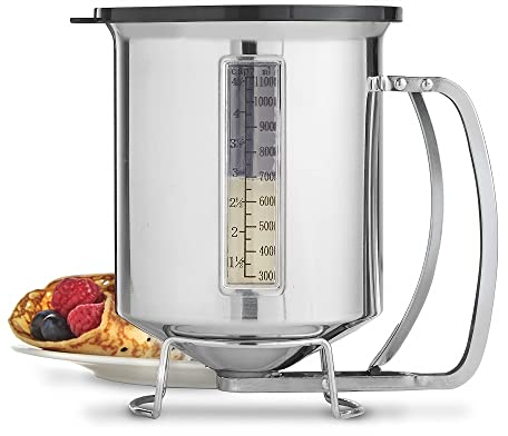Stainless Steel Pancake Batter Dispenser with Measuring Label: Ideal for Waffles, Crepes, Cake or Any Battery Mix + Free Plastic Cover - Aluminium - Capacity of 1.2L - 2 Year Warranty