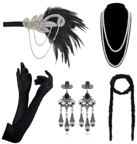 DRESHOW Damen 1920er Accessoires Set Flapper Kostüm Gatsby Feder Lange Halskette Handschuhe Stirnband Funkelnde Ohrringe