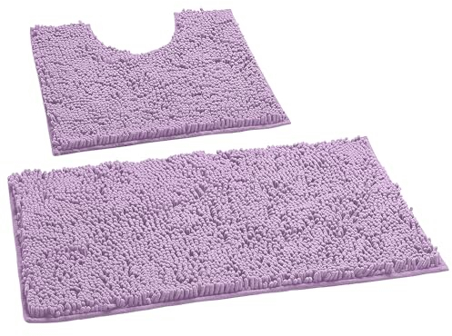 LuxUrux Bad Teppiche Luxus Chenille (2-Teilig) Badematte Set, Weiche Plüsch Anti-Rutsch-Bad Teppich + Toilettenmatte.1 '' Mikrofaser Zotteligen Teppich, Super Saugfähig |Lavendel|Gebogener Satz