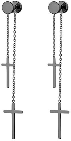 JewelryWe Schmuck Ohrringe Herren Damen Edelstahl Ohrstecker mit doppelt Kreuz Kette Anhänger Fakeplugs Fake Plug Tunnel Ohrringe Ohrhänger Piercing Schwarz