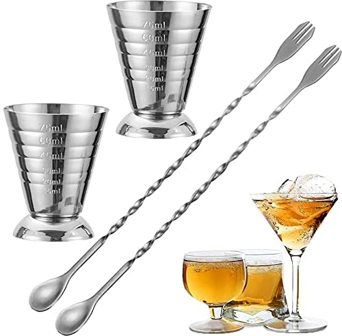 WBYNB 4 Pezzi Cocktail Tazza Di Misura, Bar Misurini, Cocktail Jigger, Misurazione Accurata, Facile Da Pulire, Con 2 Cucchiai, Per Shaker Per Cocktail Bar Party e Vino (75 Ml)