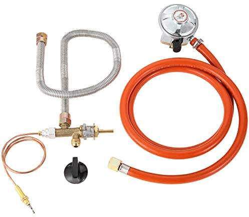 Hicello Patio Gas Regulator 27mm Clip-On with 1.5M Hose, 0.6M Quiet Bellows, Safety Control Valve and Thermocouple|Gas Grill Burner BBQ Patio Fire Pit Assembly Regulator Kit