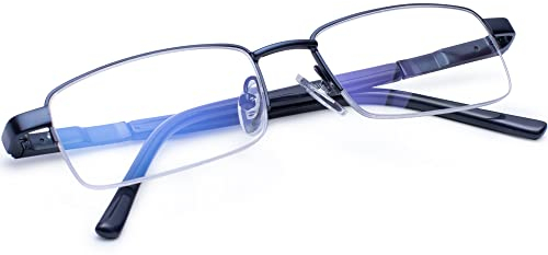 Madison Avenue Halber Rahmen Lesebrille Herren, Metall Blaulichtfilter Brille Herren, Rechteck Leser mit Federscharniere,blau +3.00 dioptrien