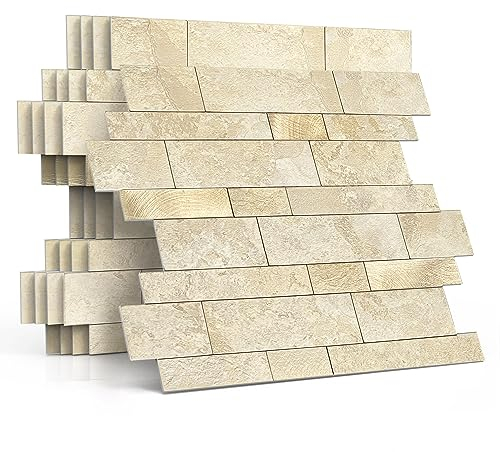 MOFIT Carreaux de dosseret pour cuisine - Finition mate - Carrelage mural 3D - Mosaïque linéaire en marbre imperméable (10 feuilles, beige doré)