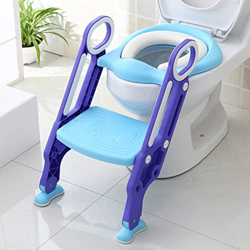 Siège de Toilette pour Enfant de 1 à 7 ans, Siège Toilette avec Marches, Coussin Doux et échelle Antidérapante, Réducteur de Toilette Bébé Pliable et Réglable en Hauteur (bleu + violet)