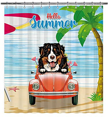 BAGEYOU Sommer Strand Duschvorhang Lustiger Berner Berg in Rot Auto Hund Badezimmer Vorhänge Meer Palme Polyester Wasserdicht Duschkabinen Maschinenwaschbar Badezimmer Dekor 167,6 x 182,9 cm