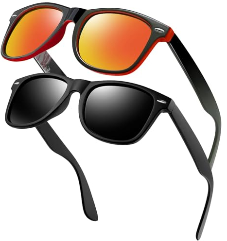 KANASTAL 2er Set Polarisiert Sonnenbrille Herren Damen Retro Rechteckig Sonnenbrille UV400 Schutz, Matt Schwarz Rahmen Schwarz Gläser und Rot Rahmen Rote Gläser