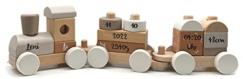 Personalisierte Eisenbahn in Nougat I Geschenk zur Geburt für Mädchen und Jungen I Bedruckt I Holzzug mit Namen & Geburtsdaten I Personalisierbare Baby Geschenke