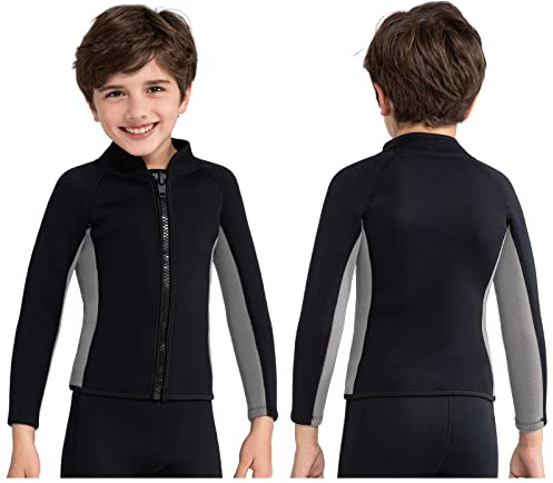 REALON Kids Wetsuit Top Jacket for Toddlers Boys Girls 3mm Neoprene Long Sleeve Front Zipper Thermal Wet Suits Keep Warm Swimwear for Surfing Swimming Surfing Boating