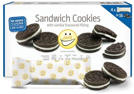 EASIS Kakaokekse Ohne Zuckerzusatz mit Vanillecreme-Füllung, Süßigkeiten für Unterwegs, Lecker Snacks, Knuspriger Doppelkeks ohne zucker, Einzeln Verpackte Kekse 4x4 (16st)