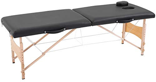 HOMCOM Camilla de Masaje Plegable Mesa de Masaje Portátil con Reposacabezas Marco de Madera Camilla Fisioterapia con Altura Regulable y Bolsa de Transporte 186x60x58-81 cm Negro