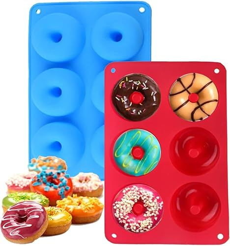 DERDOUT Silicone Donut Moulds, 2 Pack Silicon Doughnut Mould, Large Non-Stick 6 Cavity Molds Doughnut Tray Donut Pan, Bagel Baking Tin, Muffin Cupcake Biscuit Maker, Bakeware, Baker Tool - Blue, Red