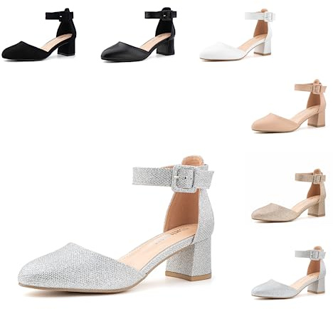 Hitmars Block Heel Sandals Women Low Mid Heel Sandals Court Shoes Strappy Closed Toe Sandals Bridal Wedding Summer Glitter Comfortable Sandals N-Silver(Texture) Size 6 UK=39 EU (9150NSSL/39-Reu)